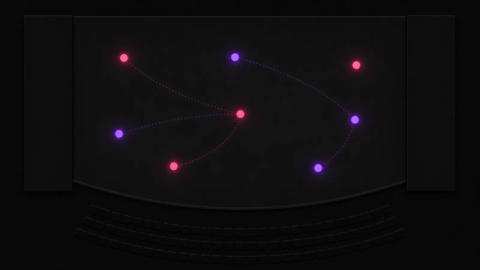Stylized overhead view of actor blocking positions on a proscenium stage with movement paths